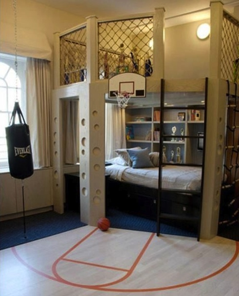 bedroom with a basketball hoop, sports themed bedroom, basketball court in a bedroom, indoor basketball court bedroom