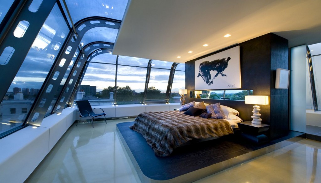 modern london bedroom, bedroom with surrounding windows, bedroom with glass walls